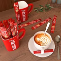 Nescafe Red Mugs With Coffee Sticks And Latte Art Coffee On Wooden Table