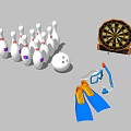 Assorted Sports Equipment With Bowling Pins Ball Dartboard Flippers And Snorkel