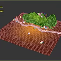 3D Red Terrain Model With Green Mountains White River And Trees