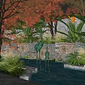 Autumn Plant Combination with Red Maple Trees Grasses and Greenery by Stone Wall and Pond