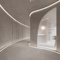 Modern Beauty Hair Salon Interior With Circular Pillar Shelves Holding Beauty Products Sofas And Mirrors