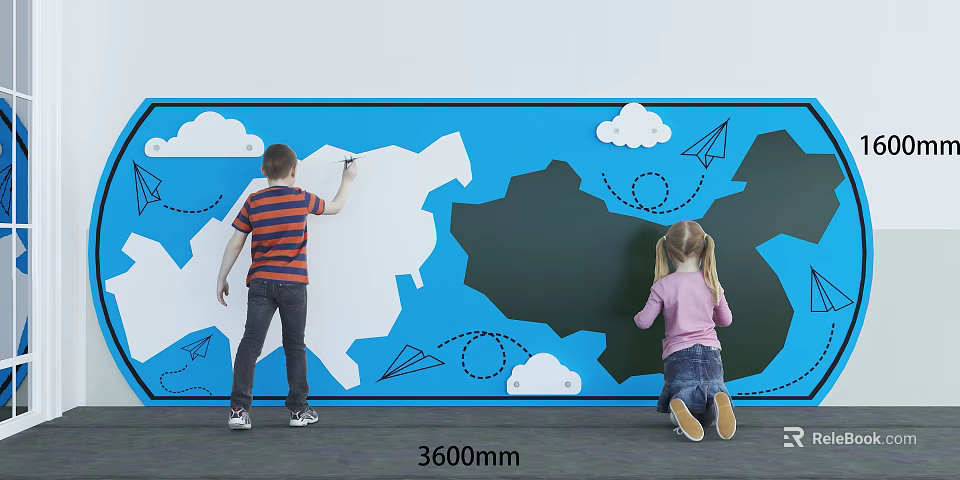 Kindergarten Interactive Wall with Clouds Paper Planes and Map for Children Drawing 3d model