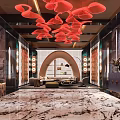 Modern Luxury KTV Lobby With Red Art Chandelier Marble Backdrop And Black Door Frames
