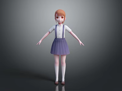 Anime Style 3D Character With Orange Hair And Purple School Uniform Standing Against Gray Background 3d model