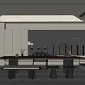 Modern Tea Room Interior With Wooden Tea Table Stools Shelves And Floor Lamp