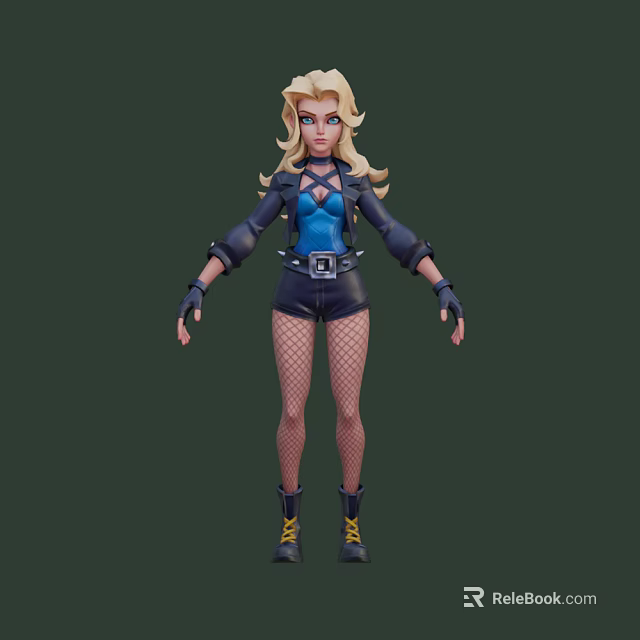 Blonde Haired Game Movie Character With Blue Top Black Shorts And Fishnet Stockings 3d model 