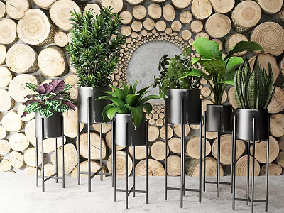 Modern lily bamboo green plant potted plant flower stand wall decorative log wall 3d model