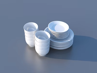 Modern White Dinnerware Set With Stacked Cups Bowls And Plates 3d model