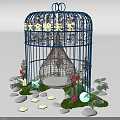 Decorative Blue Birdcage Structure With Beige Hanging Chair Flowers And Green Plants