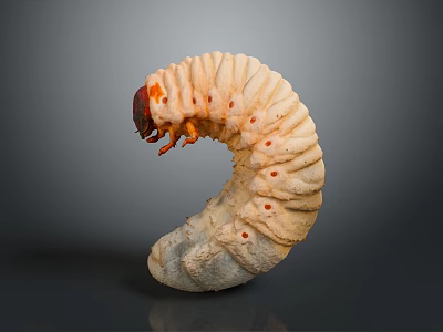 White C shaped Larva With Red Head And Orange Legs On Gray Background 3d model