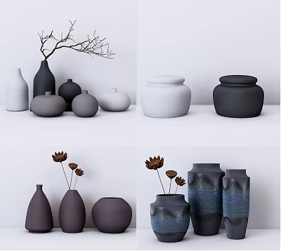 Minimalist Ceramic Vessels In Black White Gray Tones With Vases Jars And Flower Branches 3d model