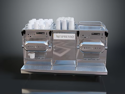 Silver Nespresso Coffee Machine With Stainless Steel Design And Coffee Cups On Top 3d model