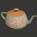 Colorful Ceramic Teapot with Blue Body Orange Lid and Floral Patterns Green Leaves Red Berries