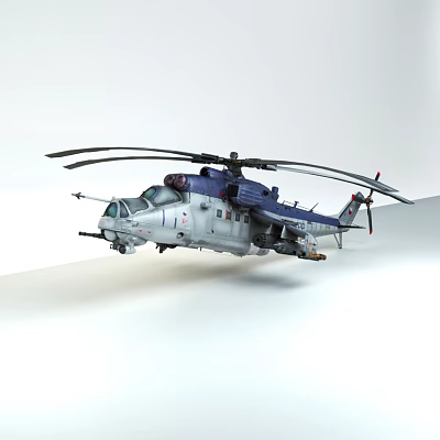 Military Helicopter in Blue and White Livery with Dual Rotors and Armament Systems 3d model
