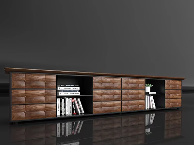 Modern Wooden TV Stand With Drawers Open Shelves Books And Small Potted Plant 3d model