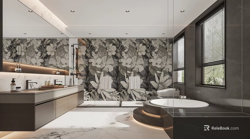 Modern Bathroom Interior Design With Marble Wall Freestanding Bathtub Vanity And Mirror 3d model 