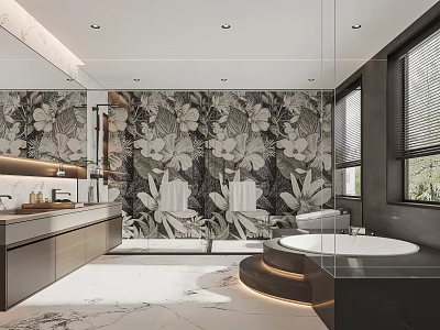 Modern Bathroom Interior Design With Marble Wall Freestanding Bathtub Vanity And Mirror 3d model