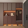 Modern Entryway Shoe Cabinet With Storage Bench Hooks Decorative Items And Warm Lighting 3d model