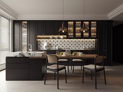 Dark Modern Kitchen Interior With Black Cabinets Island Pendant Lights And Tile Backsplash 3d model