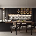 Dark Modern Kitchen Interior With Black Cabinets Island Pendant Lights And Tile Backsplash