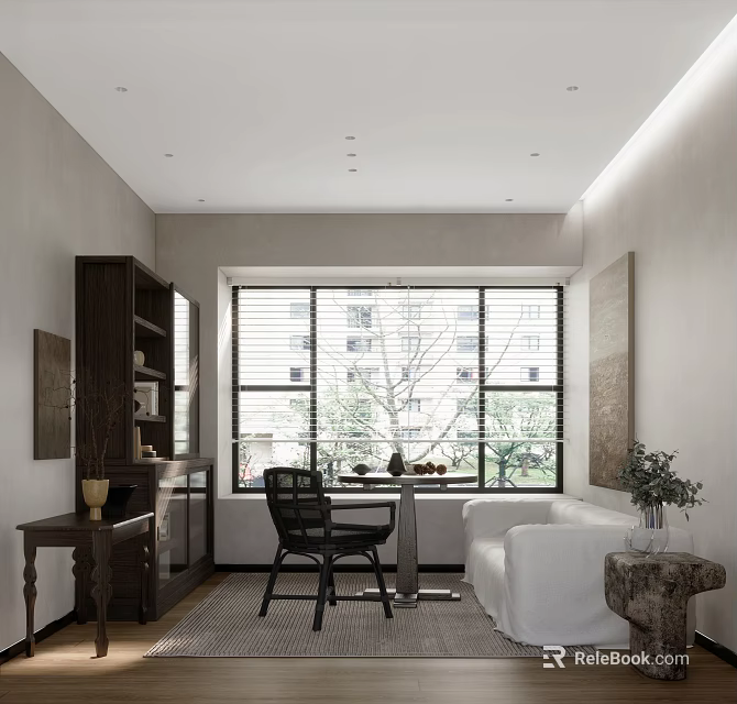 Modern Minimalist Study Room Interior With Large Window Blinds Writing Desk Black Chair And Bookshelf 3d model 