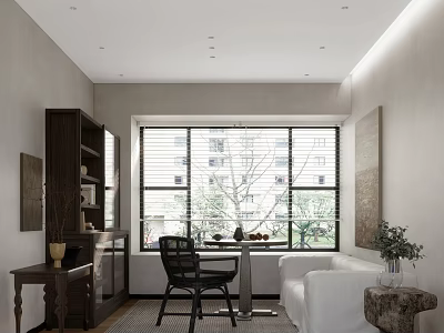 Modern Minimalist Study Room Interior With Large Window Blinds Writing Desk Black Chair And Bookshelf 3d model