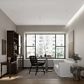 Modern Minimalist Study Room Interior With Large Window Blinds Writing Desk Black Chair And Bookshelf