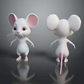 Cute Cartoon White Mouse Character with Big Pink Ears Front Back Views for Game Movies