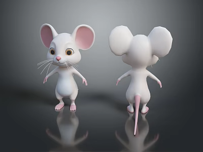 Cute Cartoon White Mouse Character with Big Pink Ears Front Back Views for Game Movies 3d model