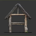 Traditional Thatched Roof Hut With Wooden Pillars On Grass And Sand Base