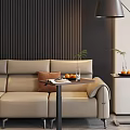 Modern Side Table Next to Beige Sofa with Brown Vertical Striped Wall Fruits Plant Glass