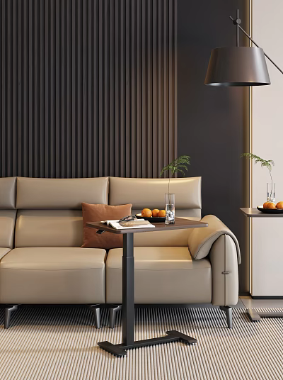 Modern Side Table Next to Beige Sofa with Brown Vertical Striped Wall Fruits Plant Glass 3d model