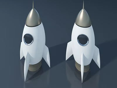 Two White Rocket Models With Silver Tips And Round Windows On Dark Background 3d model