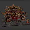 Cartoon Scene Chinese Traditional Pagoda With Golden Roof Red Pillars And Stone Base