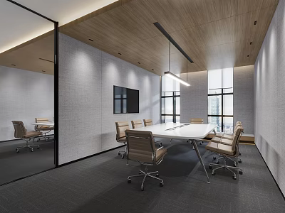Modern Conference Room With White Table Chairs TV Screen Wooden Ceiling And Large Windows 3d model