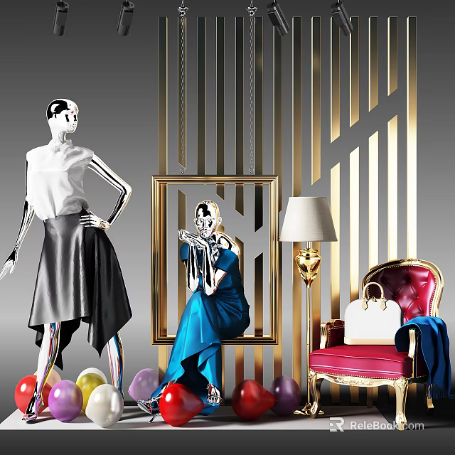 Standing And Seated Models In Stylish Outfits With Gold Striped Background Red Armchair And Balloons 3d model 