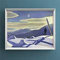 Landscape Painting With Snow Capped Mountains Serene Lake And Violet Yellow Sunset Sky