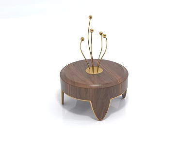 Round Walnut Wood Coffee Table With Gold Metal Accents And Decorative Balls 3d model