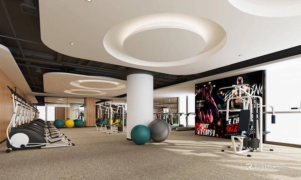 Modern Spacious Gym Interior With Treadmills Exercise Balls Dumbbells And Fitness Poster 3d model 