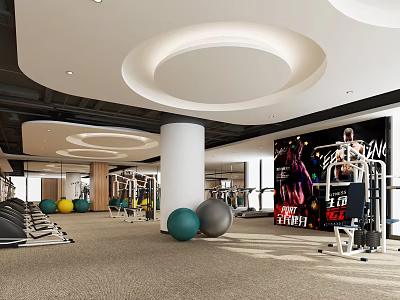 Modern Spacious Gym Interior With Treadmills Exercise Balls Dumbbells And Fitness Poster 3d model