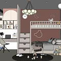 Kids Room Interior With Bunk Bed Moon Cloud Neon Lights White Chandelier And Stuffed Toys