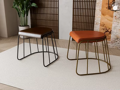 Two Modern Stools With Brown And Orange Seat Cushions And Curved Metal Legs 3d model