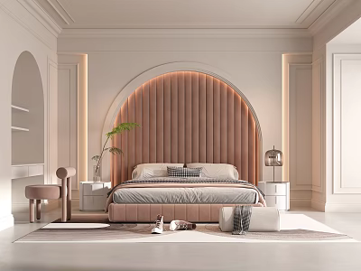 Elegant Modern Bedroom Interior With Tufted Headboard Nightstand Lamp Plant And Rug 3d model
