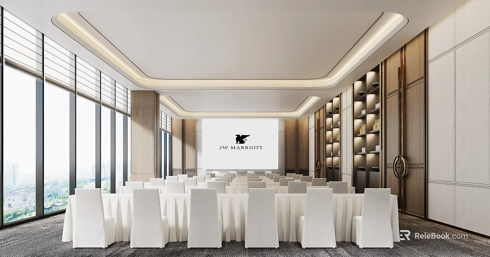 Spacious Conference Room With Large Windows White Chairs Long Tables And JW Marriott Logo 3d model 