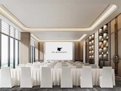 Spacious Conference Room With Large Windows White Chairs Long Tables And JW Marriott Logo 3d model