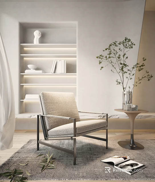 Modern Upholstered Accent Chair with Metal Frame Side Table Vase Greenery in Minimalist Lounge Area 3d model 