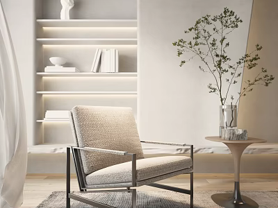 Modern Upholstered Accent Chair with Metal Frame Side Table Vase Greenery in Minimalist Lounge Area 3d model