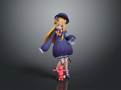Blonde Woman in Purple Dress with Hat Standing Beside Red Teddy Bear 3d model