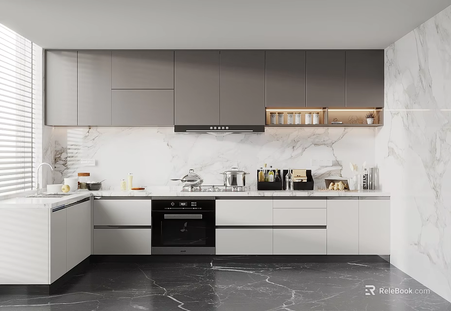 Modern Kitchen Interior With Gray Cabinets White Countertops And Black Flooring 3d model 