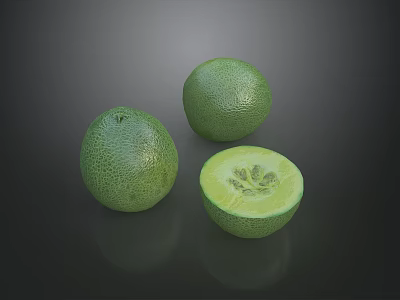 Fresh Green Honeydew Melon Whole And Sliced Showing Juicy Interior On Dark Background 3d model